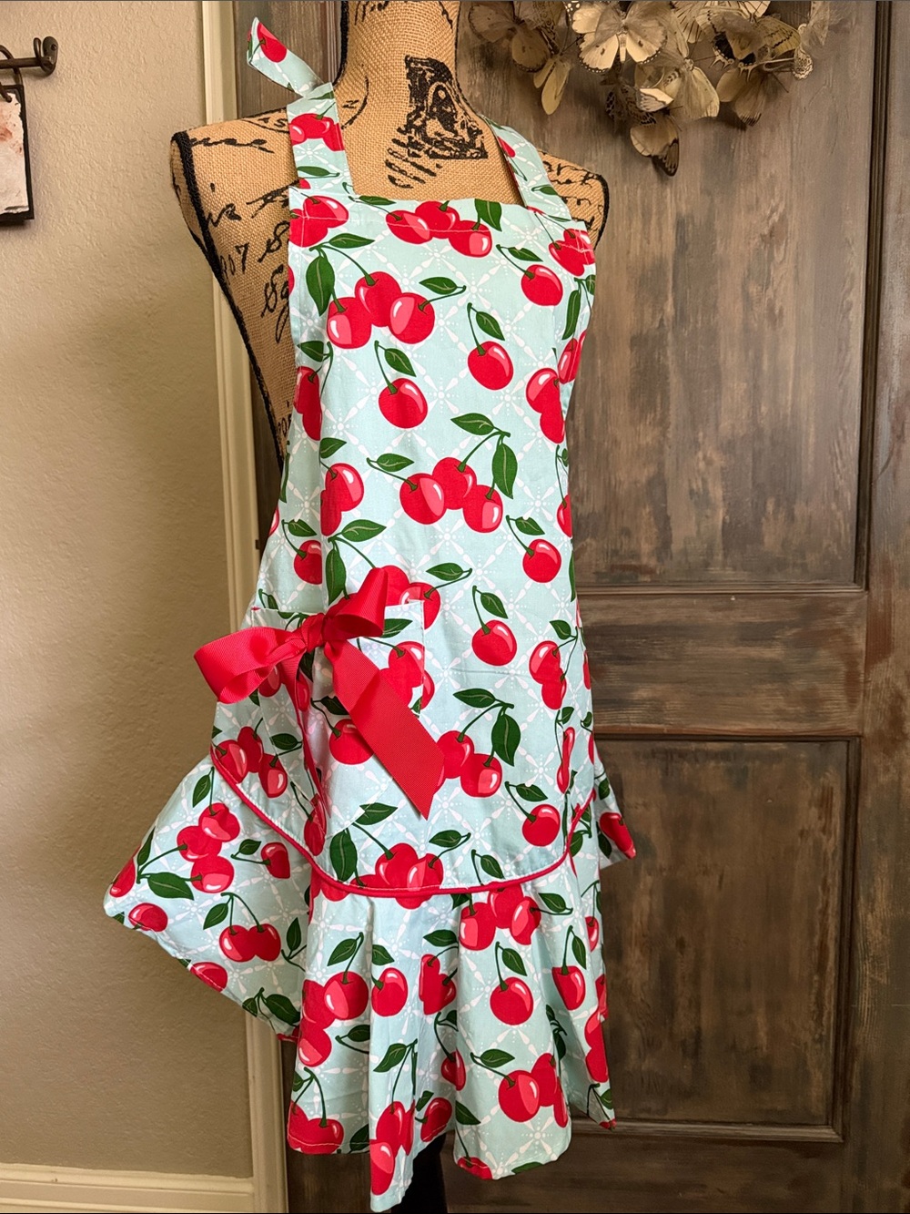 Retro Cherry Print Women's Apron - Red on Mint. Authentic Jessie Steele